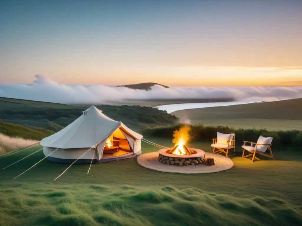 Una tienda de glamping acogedora en Uruguay, con una familia disfrutando de la noche alrededor de una fogata