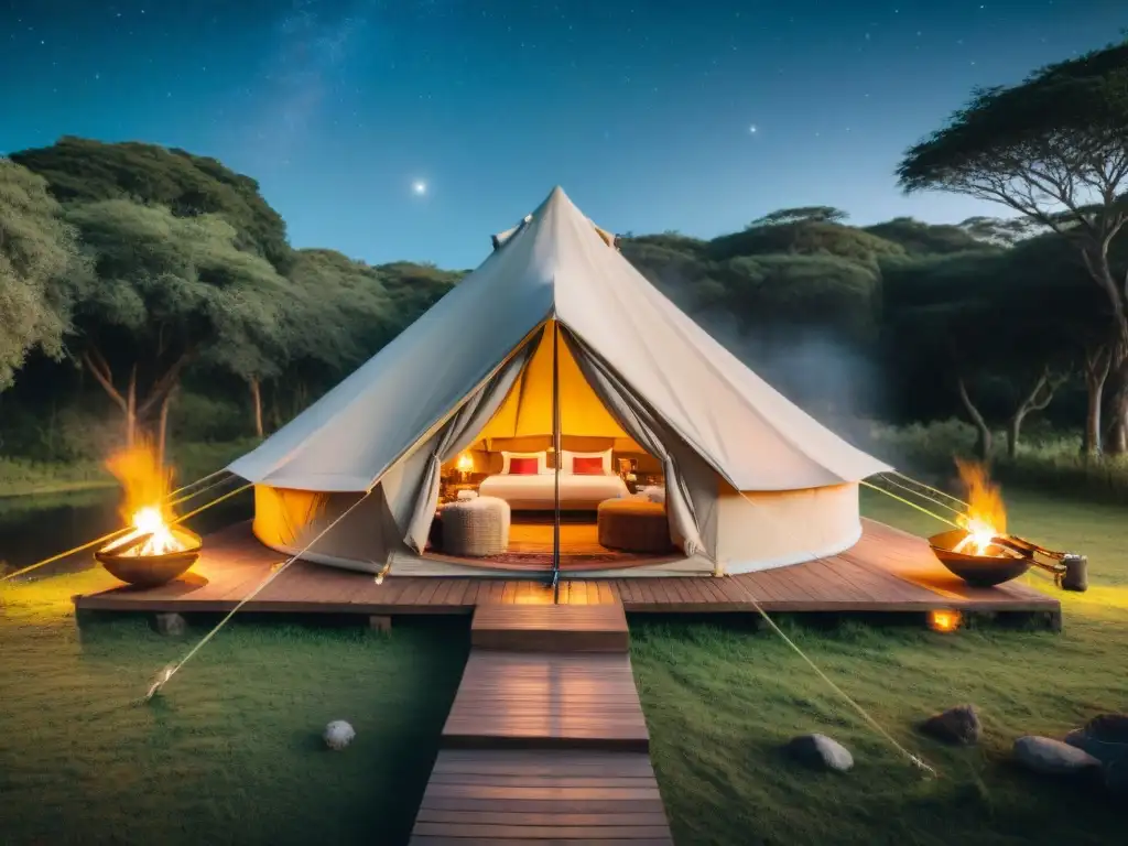 Una tienda de glamping de lujo en Uruguay con niños disfrutando de una fogata bajo las estrellas