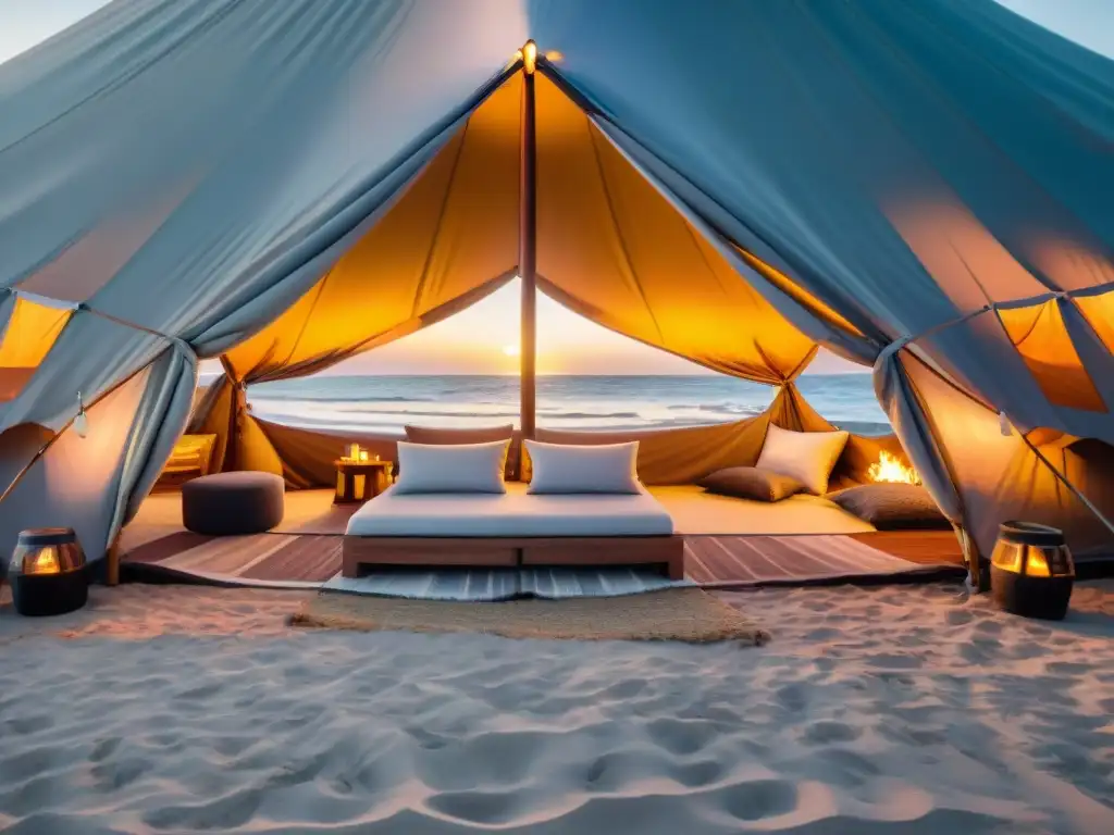 Tienda de glamping de lujo en la playa de Uruguay al atardecer, Consejos camping lujo Uruguay