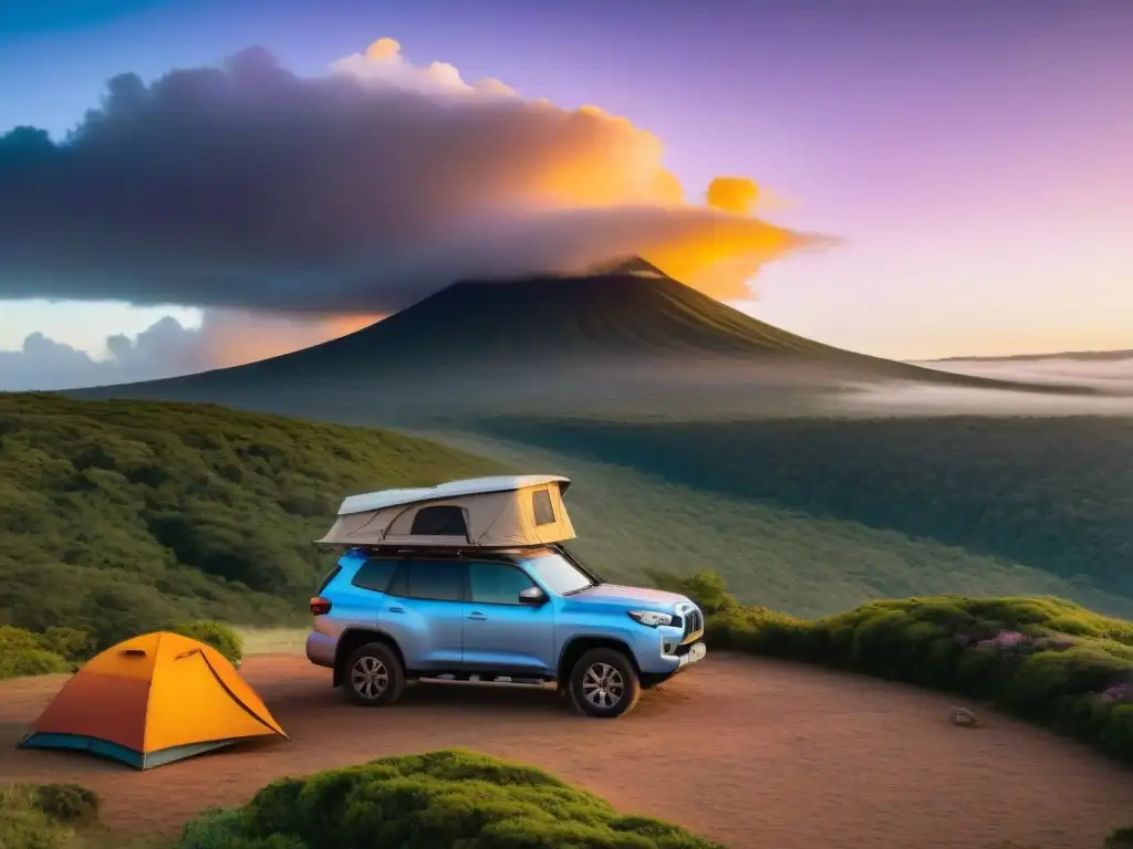 Tienda de techo en campamento pintoresco al atardecer en Uruguay, con cielo colorido y serena naturaleza