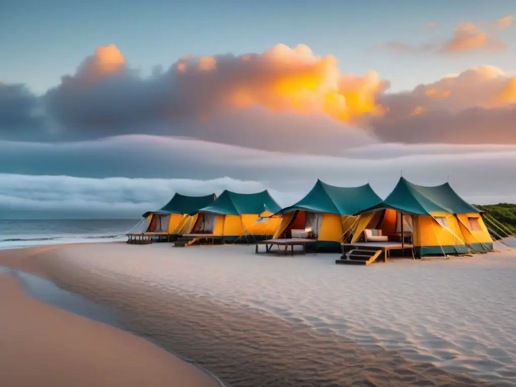 Tiendas de campaña de lujo en Uruguay: Atardecer dorado sobre la playa, tiendas elegantes y huéspedes relajados