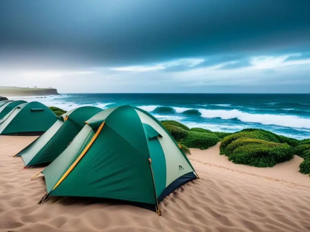 Tiendas de campaña resistentes al viento en la costa de Uruguay, desafiando condiciones climáticas extremas