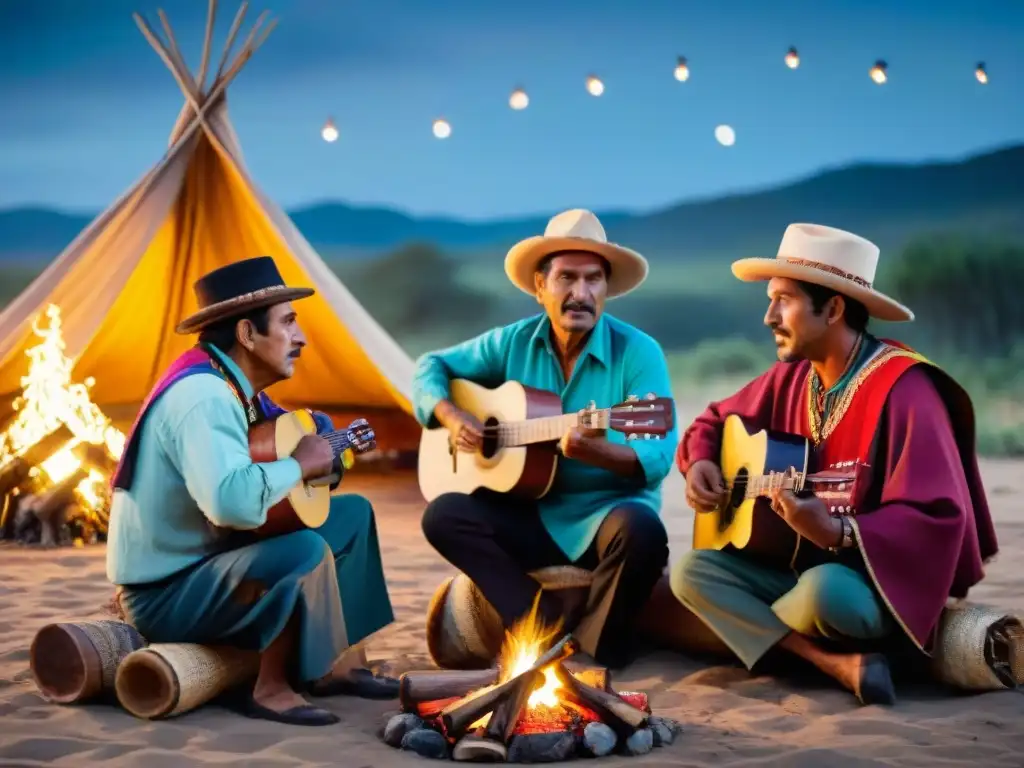 Música tradicional en camping uruguayo: Músicos uruguayos tocando instrumentos folclóricos alrededor de una fogata bajo un cielo estrellado