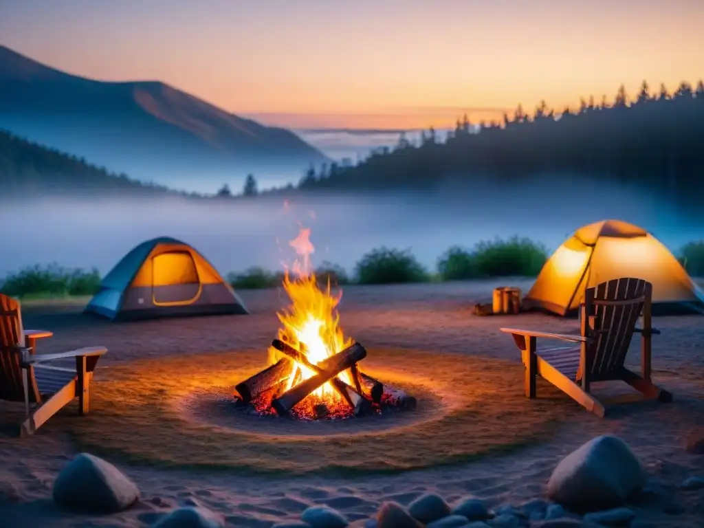 Un tranquilo campamento al atardecer con fogata, sillas y tiendas de campaña, rodeado de árboles