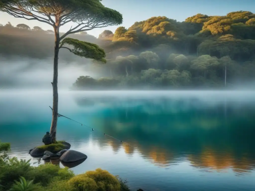 Tranquilo amanecer en un lago rodeado de bosques verdes, con una caña de pescar, en un camping en Uruguay