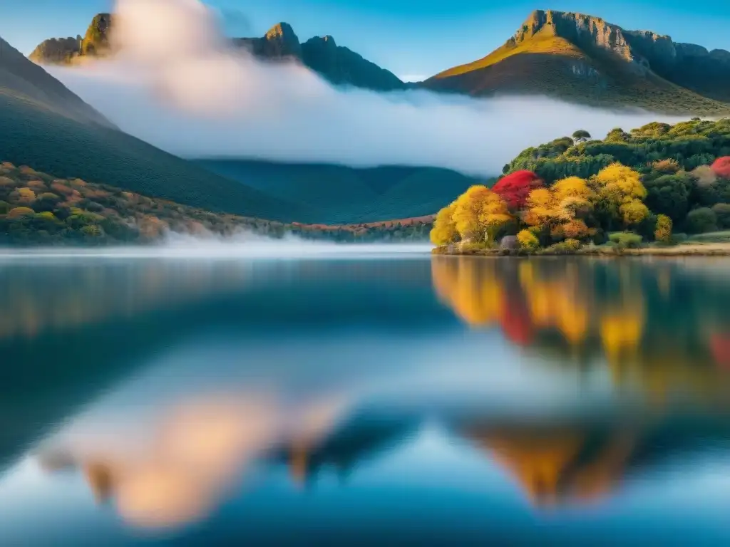 Un tranquilo lago rodeado de vibrante follaje otoñal en Uruguay, con reflejos de árboles coloridos en el agua serena y una vista de montañas lejanas