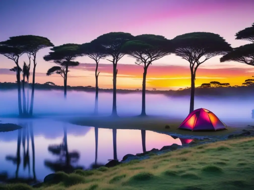 Transformaciones personales camping Uruguay: Amanecer mágico en lago con carpa, árboles, yoga al amanecer