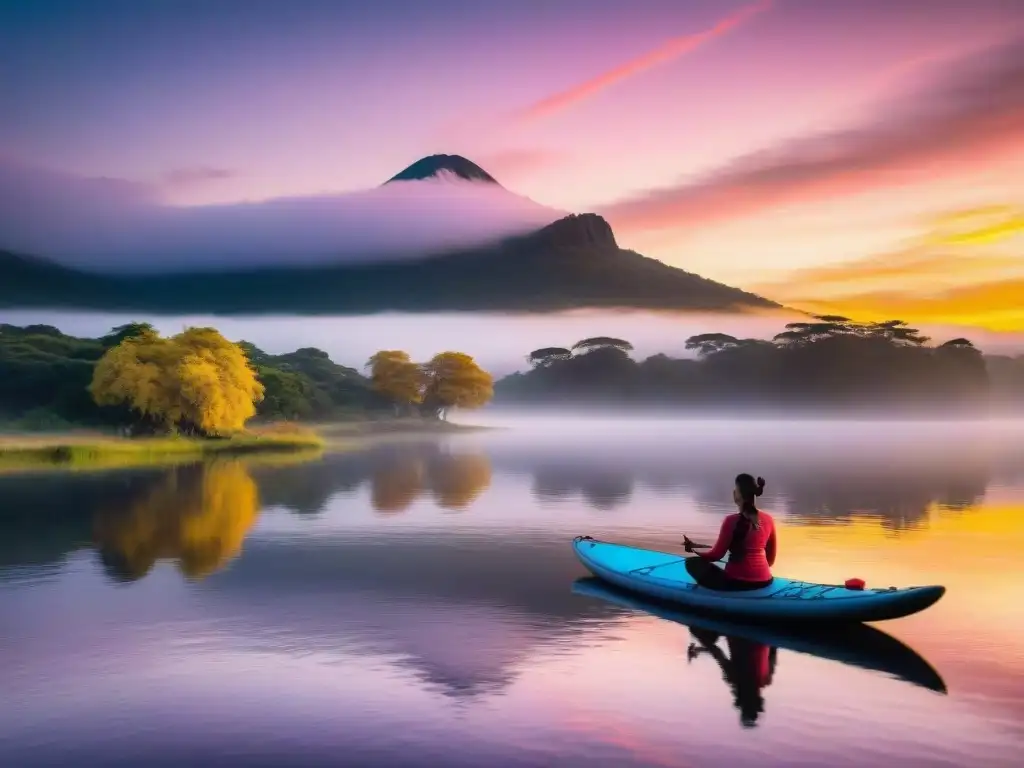 Transformaciones personales camping Uruguay: Amanecer impresionante en lago tranquilo, tiendas coloridas y yoga en paddleboard