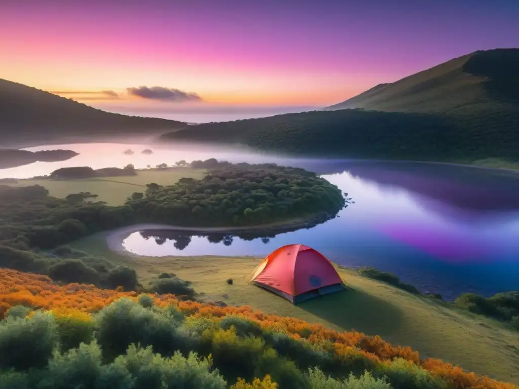 Turismo sostenible camping en la Laguna Garzón al atardecer en Uruguay, con un camper montando su tienda en la orilla