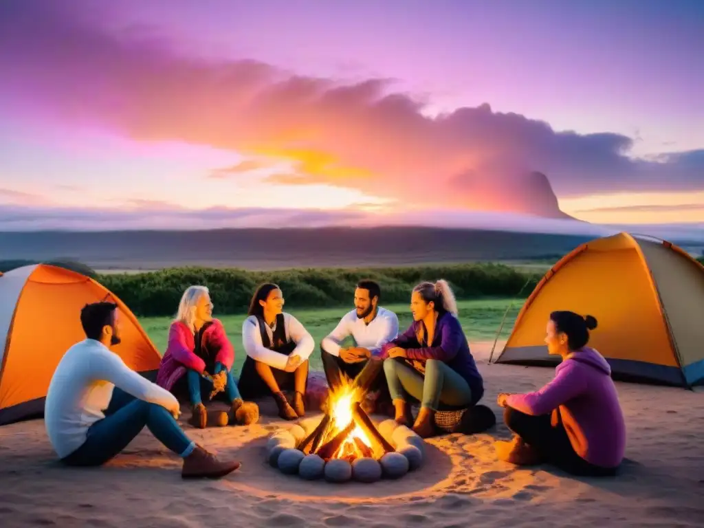 Turistas disfrutan de una noche mágica en camping en Uruguay con comida local, artesanías y atardecer único