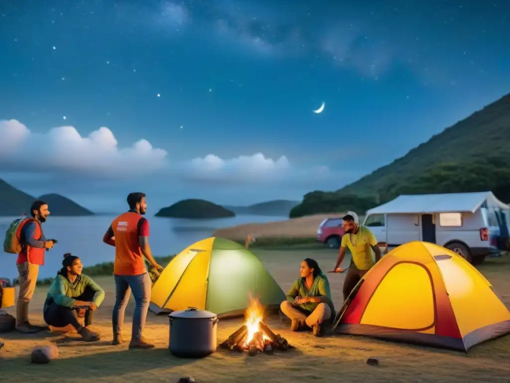 Unidos por el voluntariado en campamentos Uruguay, un grupo diverso colabora en tareas en un campamento bajo un cielo estrellado