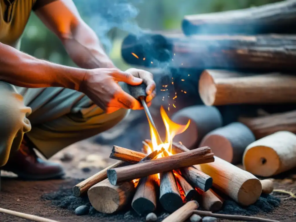 Un camper uruguayo experto encendiendo fuego con técnicas ancestrales de camping en Uruguay