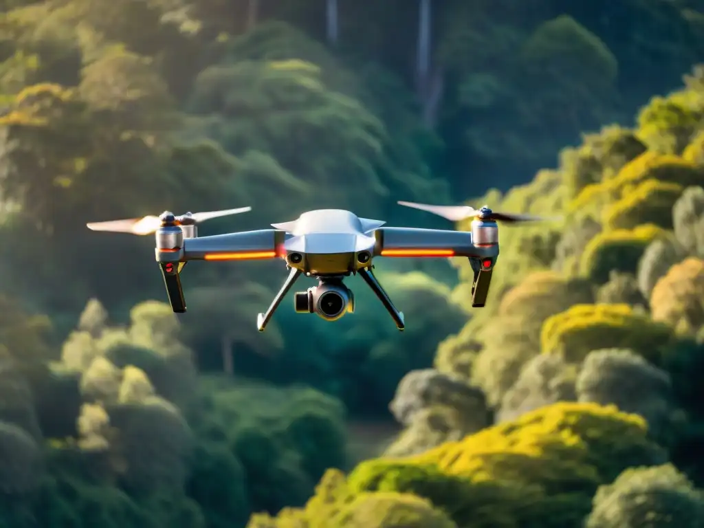 Usos creativos de drones en camping: drone captura majestuoso cóndor sobre bosque verde en Uruguay al atardecer