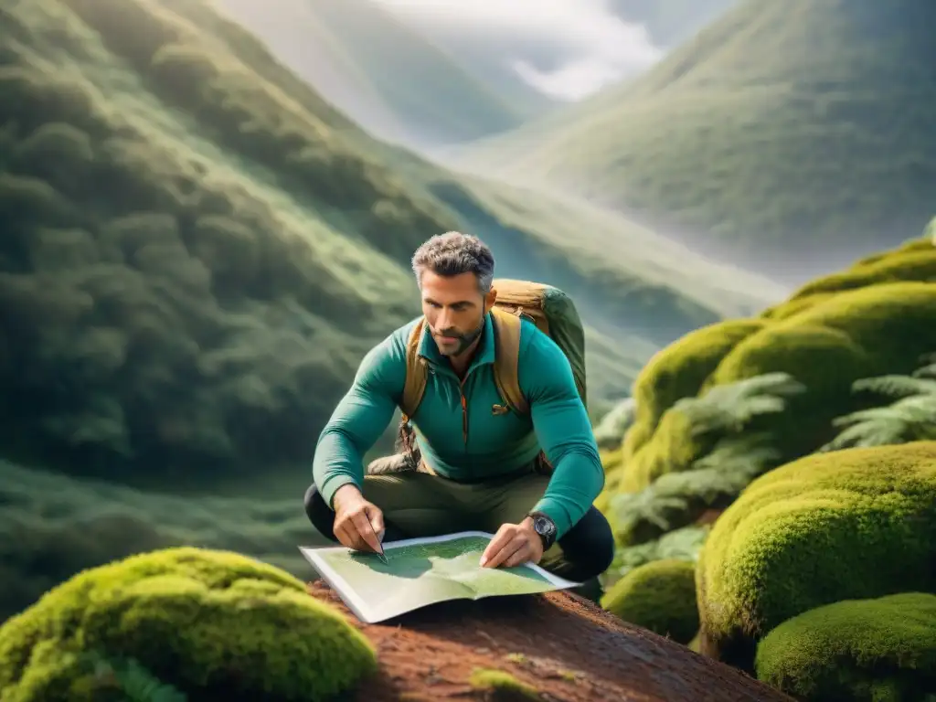 Un valiente explorador en un vibrante bosque de Uruguay, utilizando un mapa y brújula