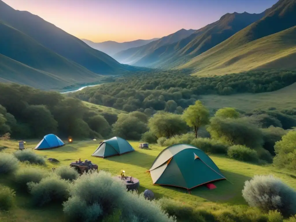 Acampando en Valle del Lunarejo: Atardecer tranquilo en un campamento entre la exuberante naturaleza, con campistas montando tiendas de campaña