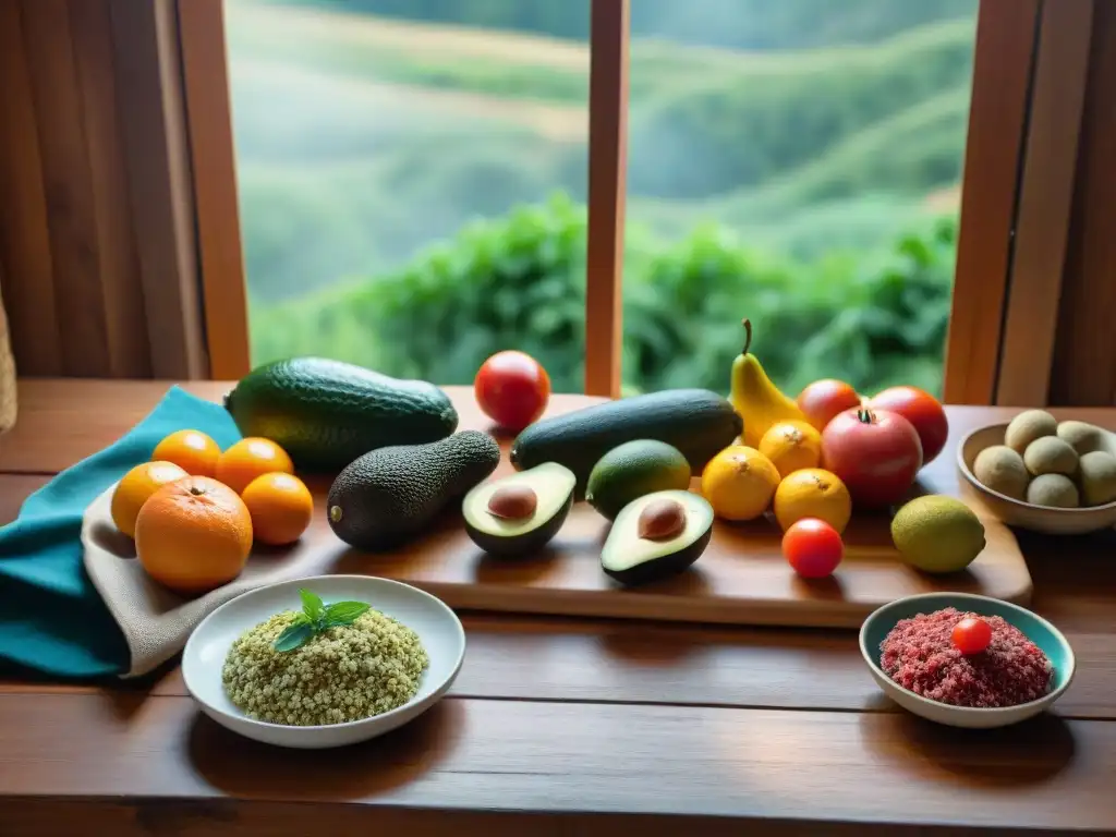 Una variedad de alimentos esenciales para travesías camping en Uruguay, en una mesa rústica con luz natural resaltando colores y texturas