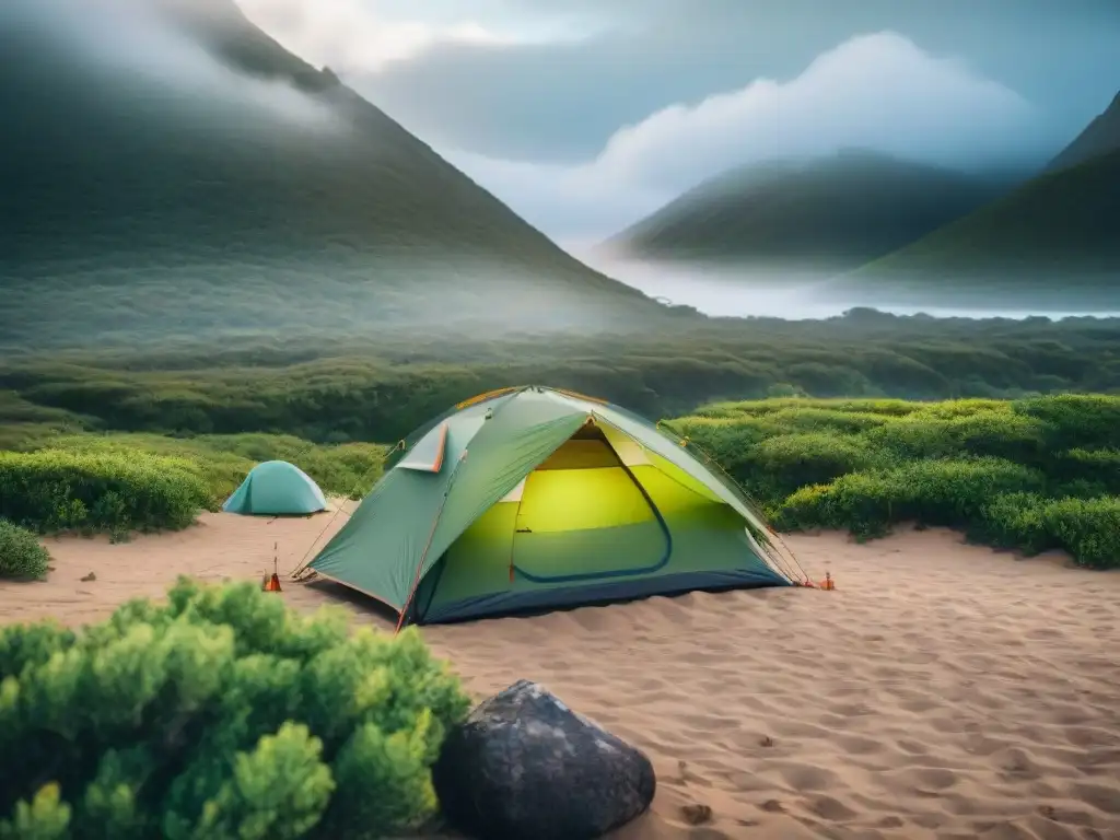 Variedad de carpas de camping en Uruguay, adaptadas al clima, en paisajes diversos bajo distintas condiciones climáticas como lluvia y sol