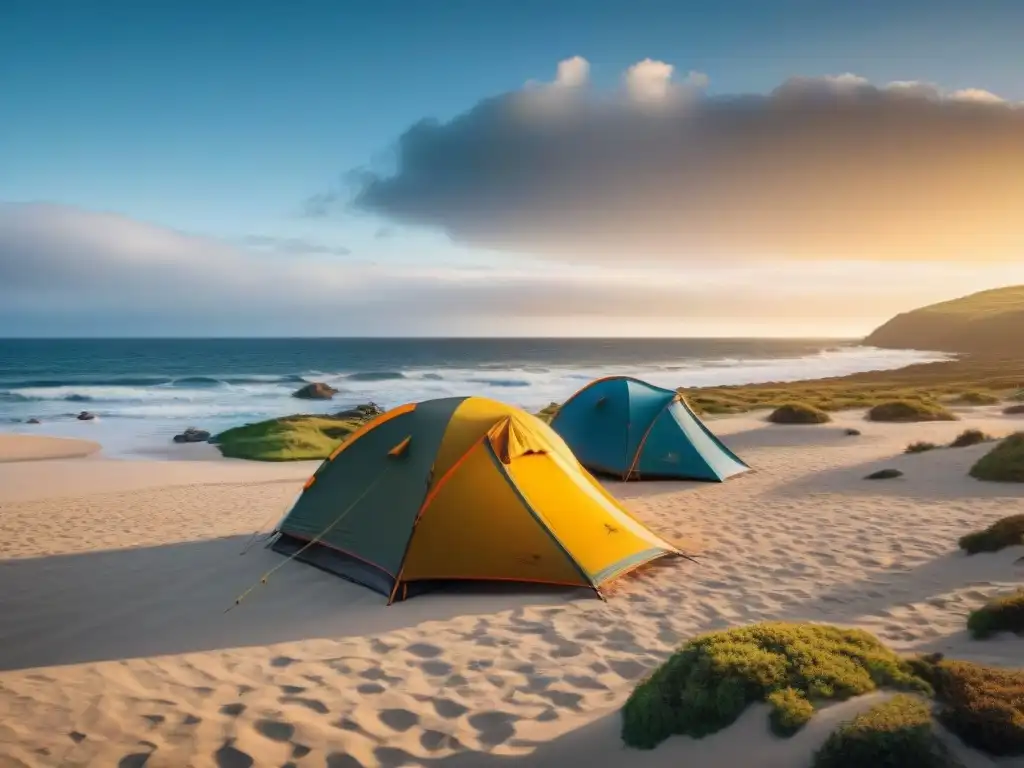 Variedad de carpas de camping en playa de Uruguay al atardecer, destacando la importancia de elegir la mejor carpa para el clima uruguayo