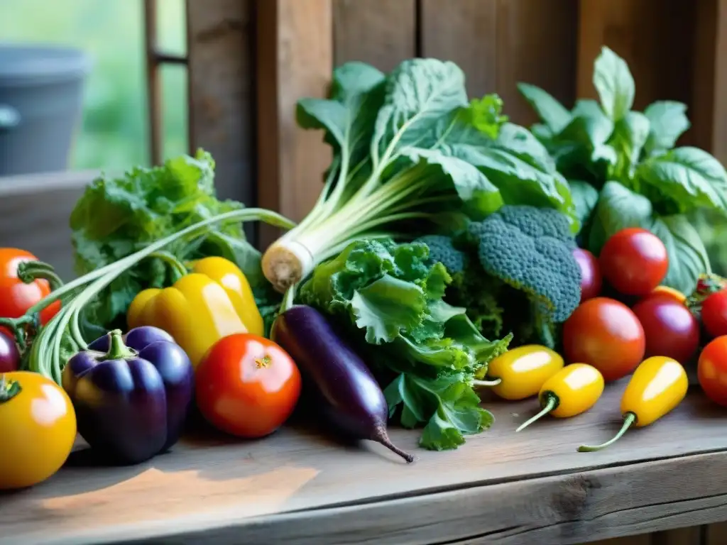 Una variedad de frutas y verduras frescas en una mesa de madera rústica, colores vibrantes y texturas