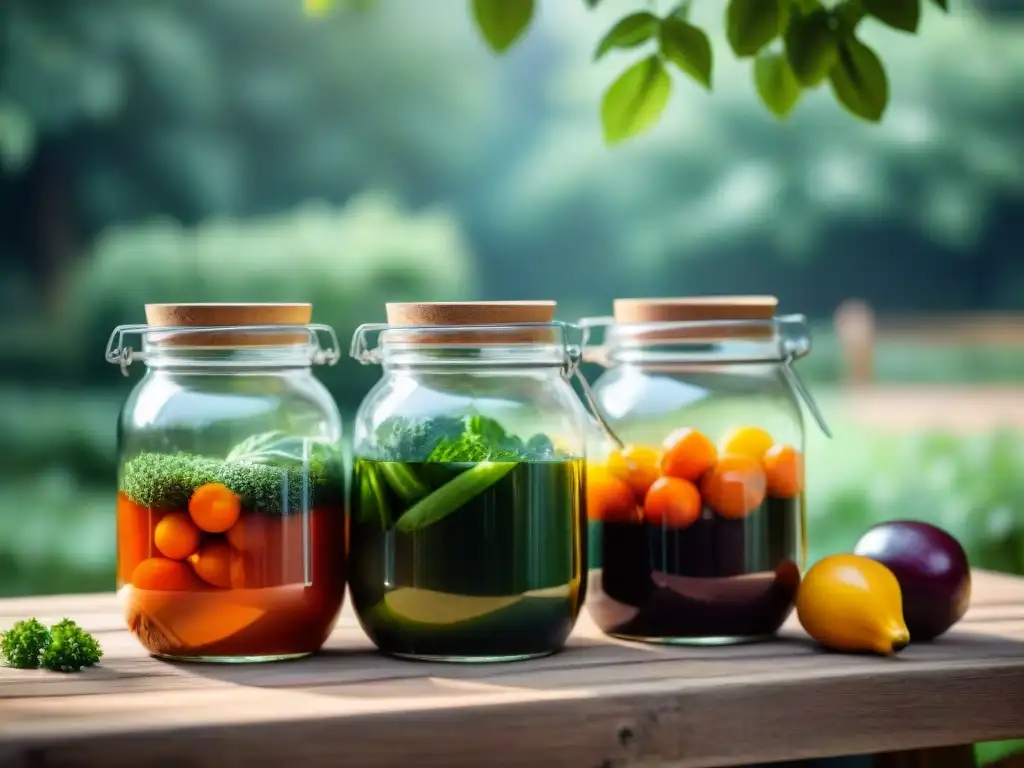 Vegetales y frutas fermentando en tarros de vidrio en un entorno de camping, técnicas de fermentación en camping