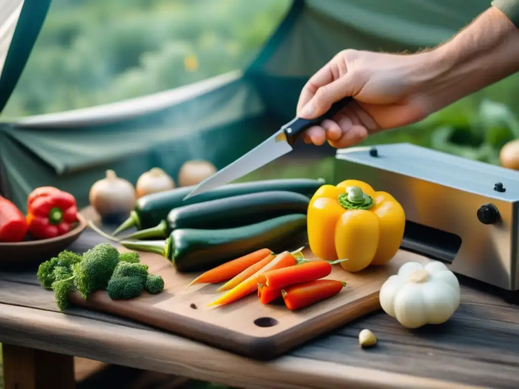 Preparación de verduras para deshidratar en el camping bajo la luz cálida de una linterna, conservación verduras deshidratadas camping