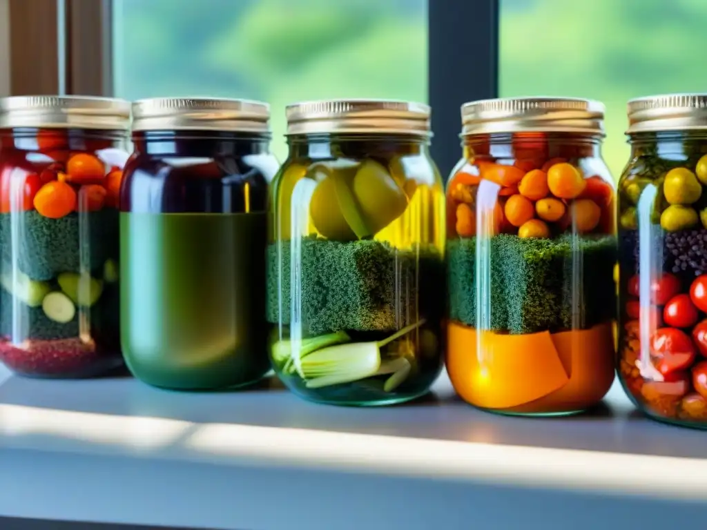 Conservación de verduras deshidratadas para camping en frascos con colores vibrantes y texturas únicas, iluminadas por luz natural