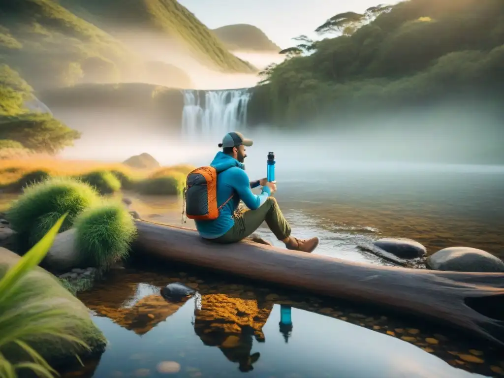 Un viajero llena su cantimplora con un filtro de agua portátil en un campamento en Uruguay, rodeado de naturaleza