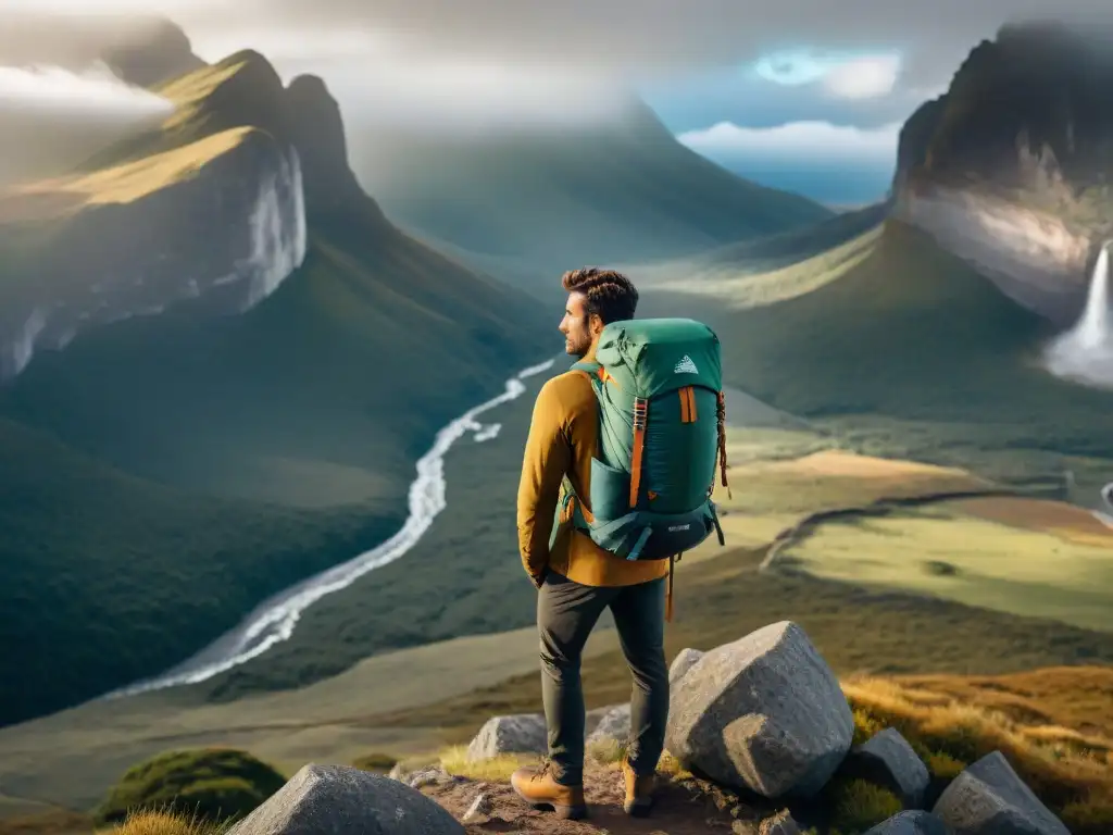 Un viajero en la pintoresca naturaleza uruguaya con una mochila técnica de alta gama, explorando un vasto paisaje