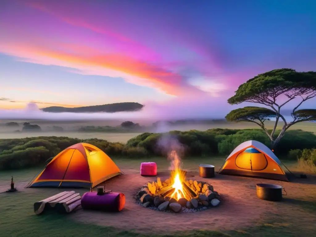 Vibrante atardecer en camping de Uruguay: tiendas, fogata y actividades al aire libre