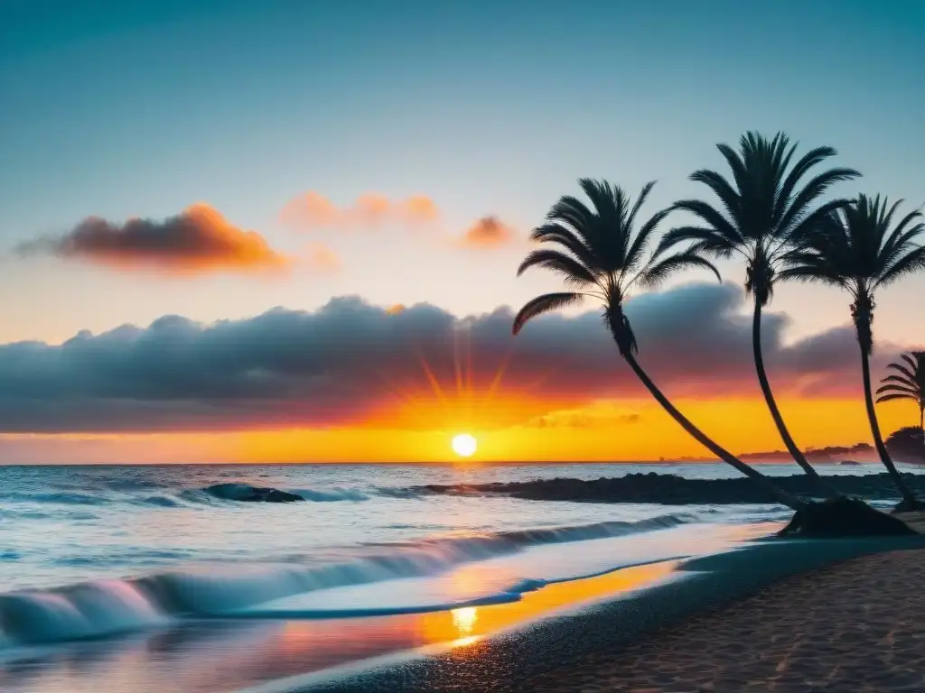 Vibrante atardecer en la costa de Uruguay, con el sol dorado desapareciendo en el horizonte sobre aguas tranquilas y palmeras silueteadas