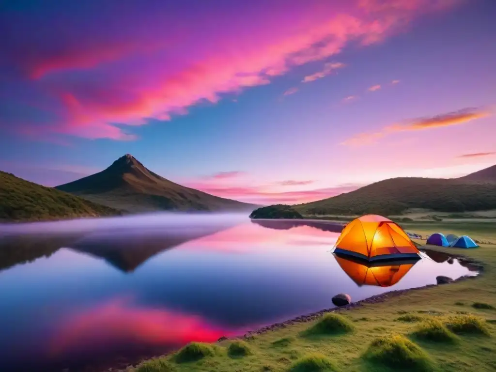 Vibrante atardecer sobre lago en camping en Uruguay