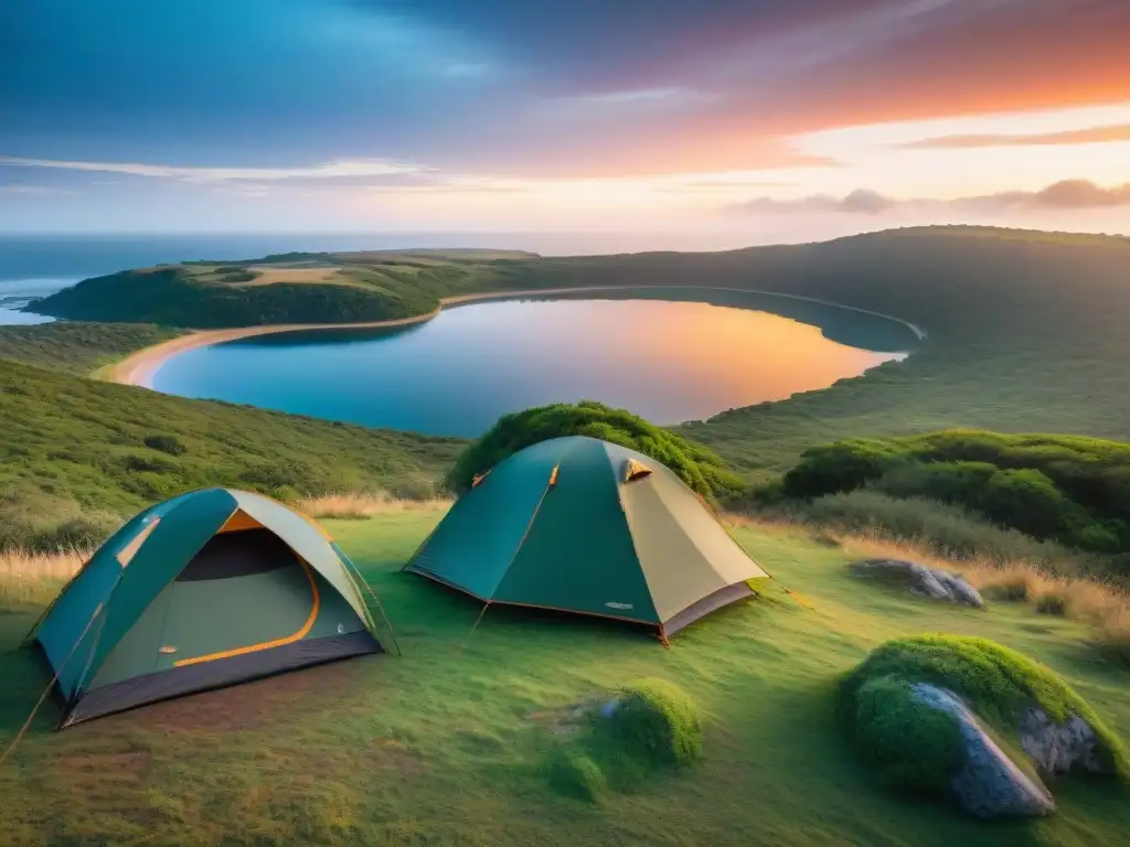 Vibrante atardecer en Uruguay con cámara lista en campamento