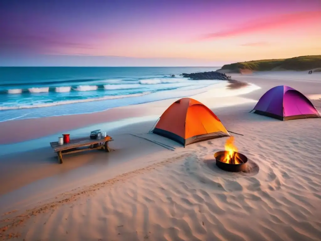 Vibrante atardecer en las mejores playas camping Uruguay: tiendas coloridas, fogata, personas disfrutando de diversas actividades frente al mar