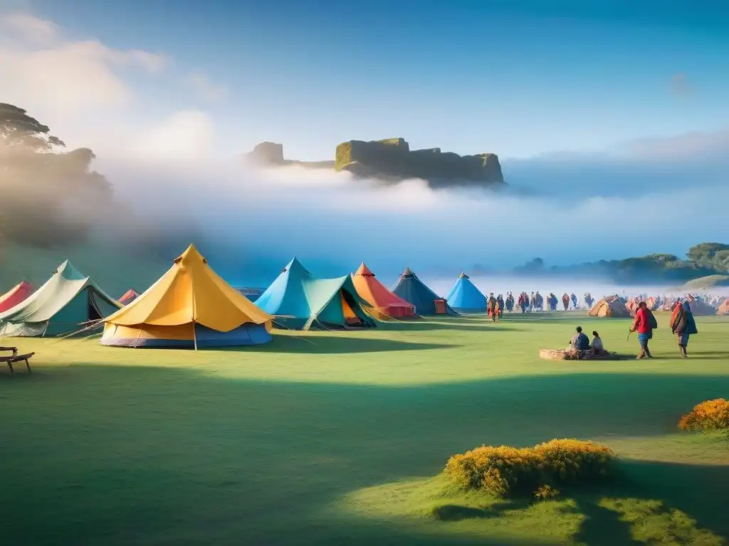 Un vibrante campamento en el Festival Nacional de Camping en Uruguay, con coloridas tiendas y actividades tradicionales