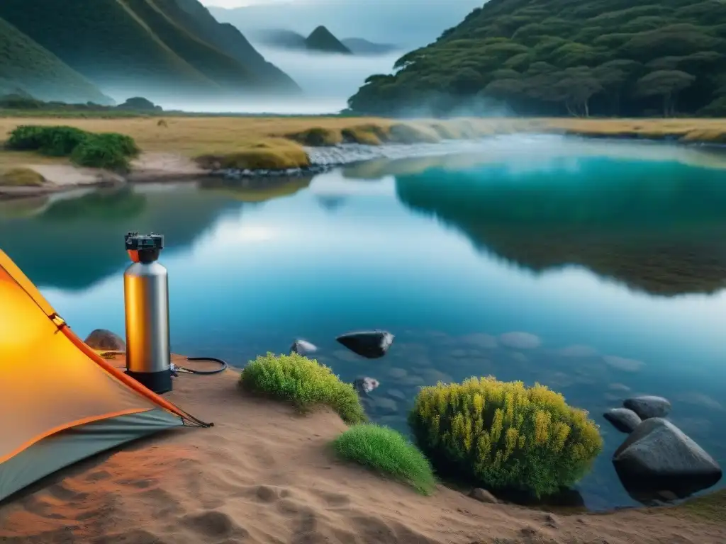 Vibrante campamento en Uruguay con filtro de agua portátil purificando arroyo cristalino