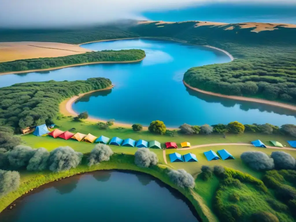 Un vibrante camping en Uruguay: niños jugando, adultos cocinando y tiendas de colores en un entorno natural