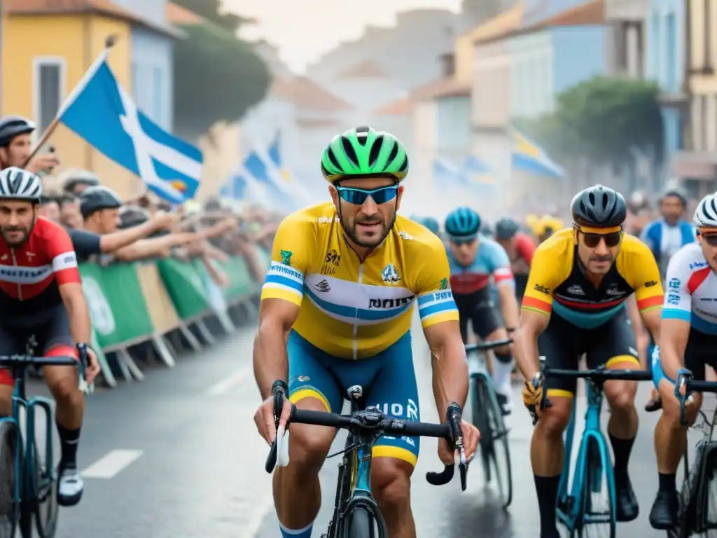 Una vibrante celebración de ciclismo en Uruguay, con ciclistas de todas las edades y fondos, en un evento cultural festivo