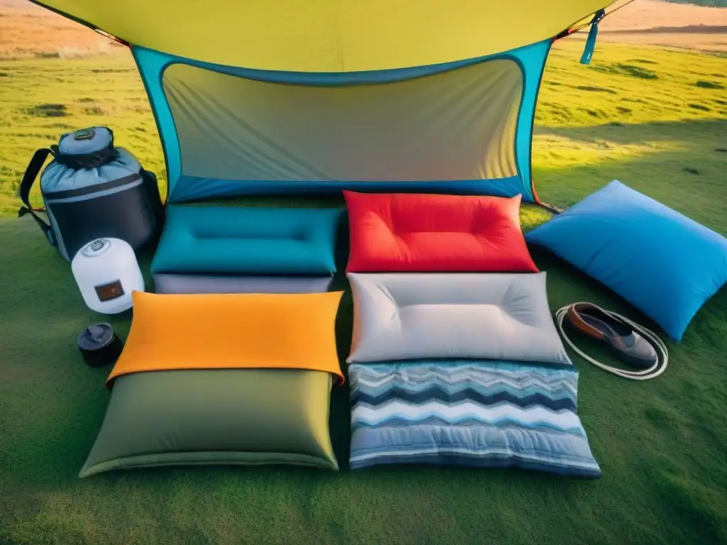 Vibrante equipamiento camping Uruguay imprescindible bajo el sol en campo verde