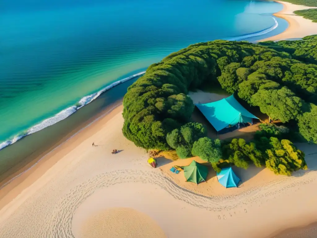 Vibrante escena de campamento en la playa de Uruguay con actividades camping