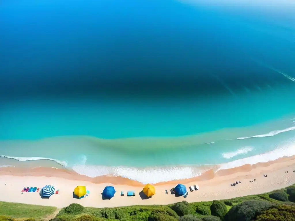 Un vibrante escenario playero en Uruguay con campistas disfrutando de diversas actividades bajo coloridos toldos y un cielo azul