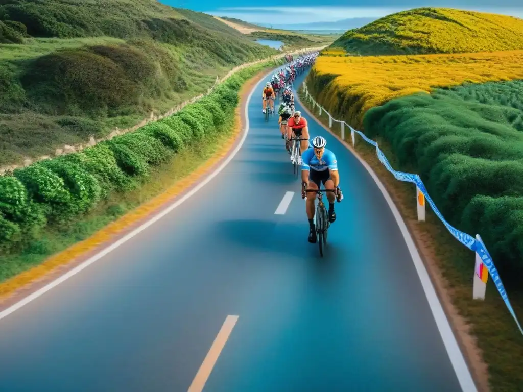 Un vibrante evento de ciclismo en Uruguay, con ciclistas divers@s recorriendo la costa, rodead@s de naturaleza exuberante y espectadores animad@s