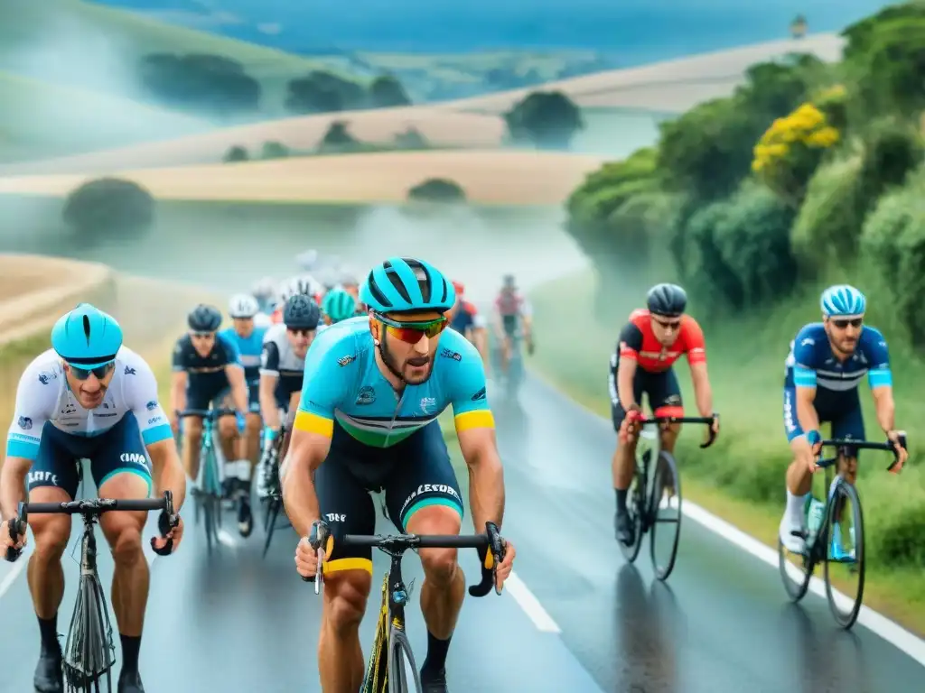 Un vibrante evento de ciclismo en Uruguay, con un pelotón de ciclistas compitiendo en un paisaje campestre lleno de color y emoción