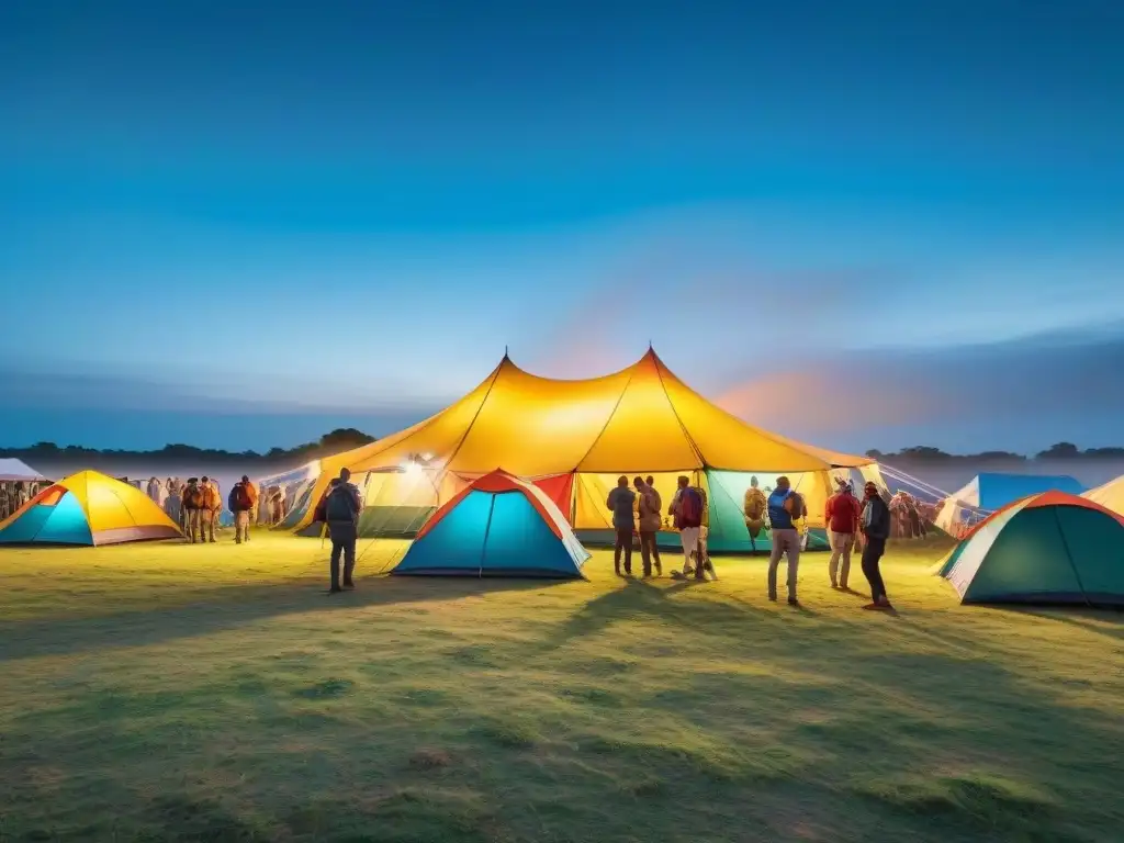 Un vibrante festival de camping en Uruguay, con gente animada montando coloridas carpas en la naturaleza, música en vivo y una atmósfera comunitaria