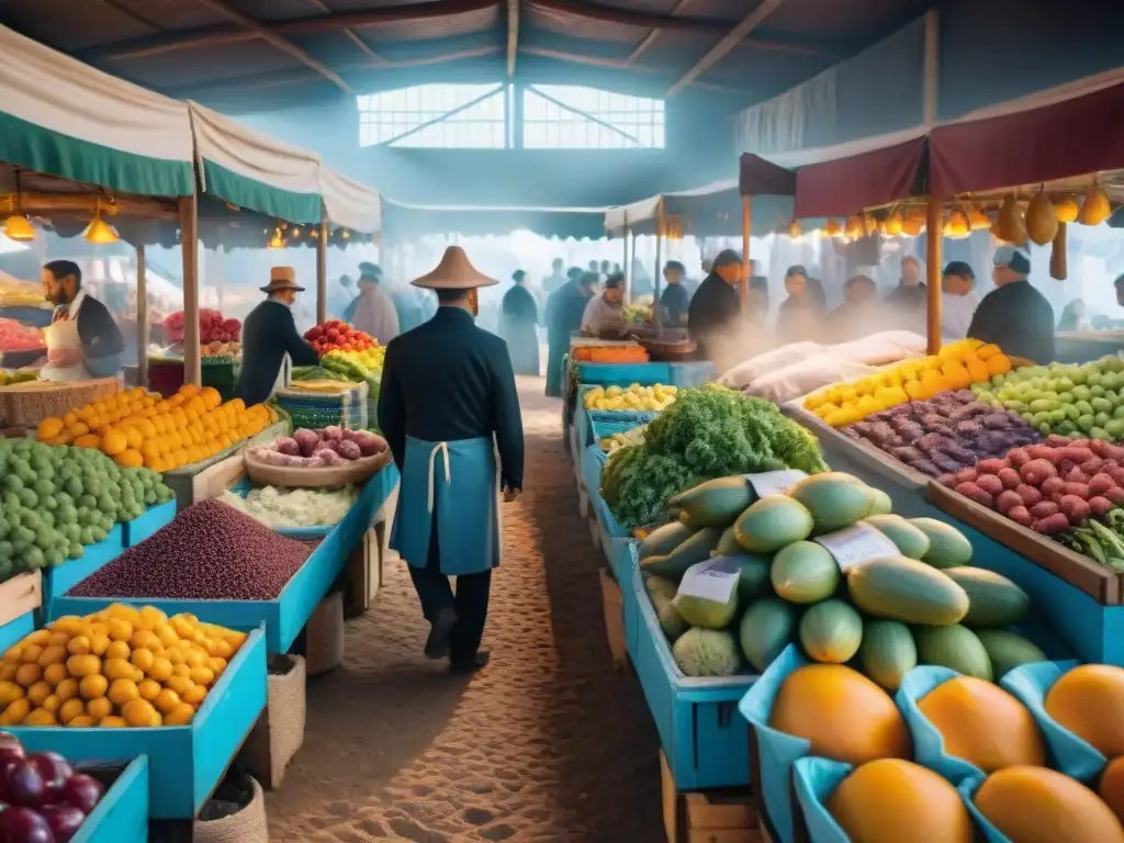 Vibrante mercado gastronómico en Uruguay con frutas y verduras coloridas