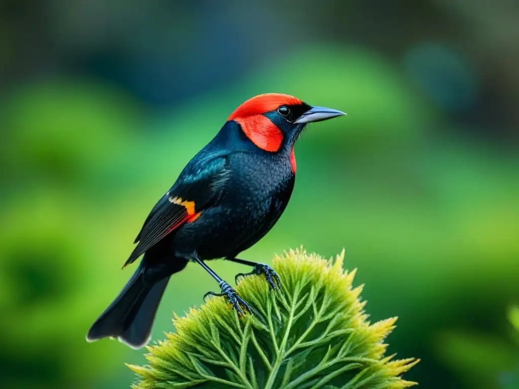 Un vibrante Mirlo de Cabeza Escarlata posado en una rama verde, destacando su plumaje iridiscente y mirada intensa, en un humedal de Uruguay