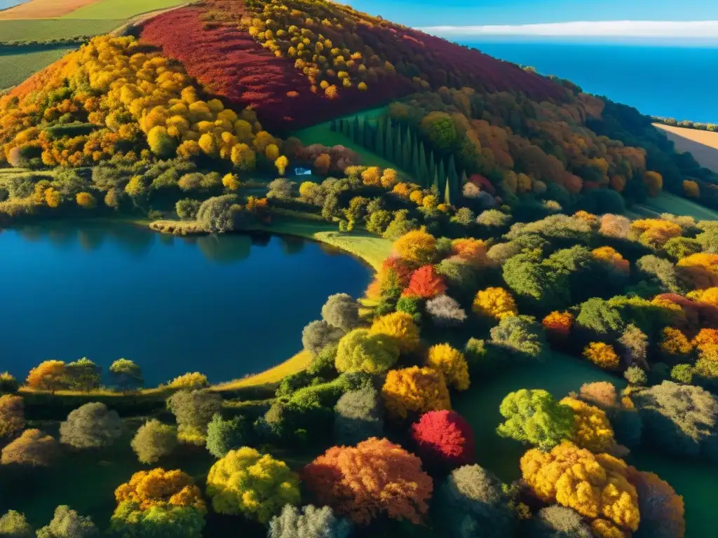 Vibrante paisaje otoño en Uruguay: colinas cubiertas de colores rojos, naranjas y amarillos bajo un cielo azul