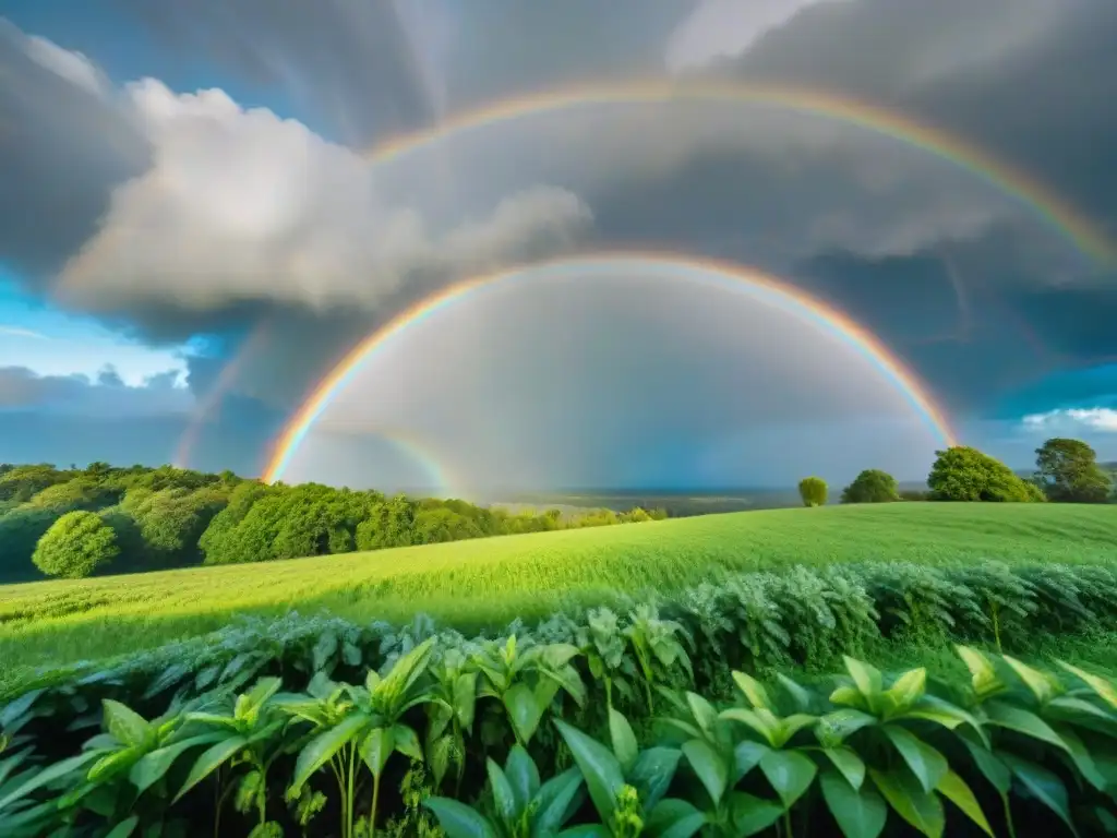 Arcoíris vibrante sobre paisaje verde en lluvia, con bolso de cámara protegido