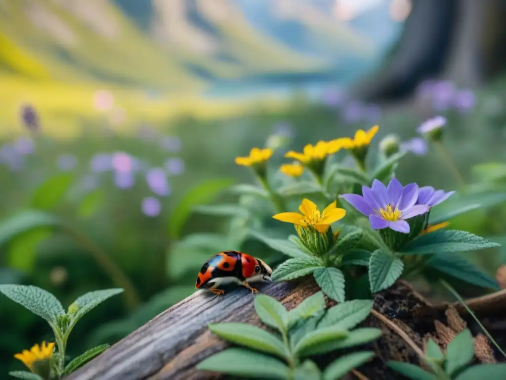 Un vibrante paisaje de flores silvestres y vida pequeña en un campamento, perfecto para aplicaciones identificación flora fauna camping