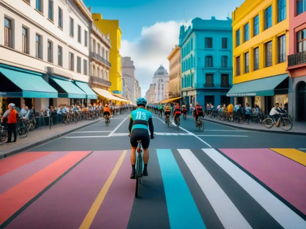 Un vibrante panorama de ciclismo urbano en Montevideo, con ciclistas de diferentes edades y fondos, rodeados de arte callejero y arquitectura moderna