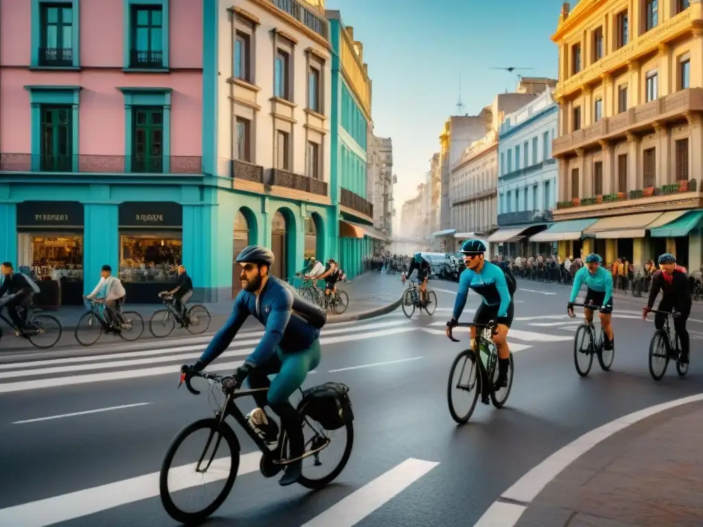 Un vibrante panorama urbano de Montevideo durante la hora pico, mostrando la armoniosa convivencia de ciclistas y vehículos